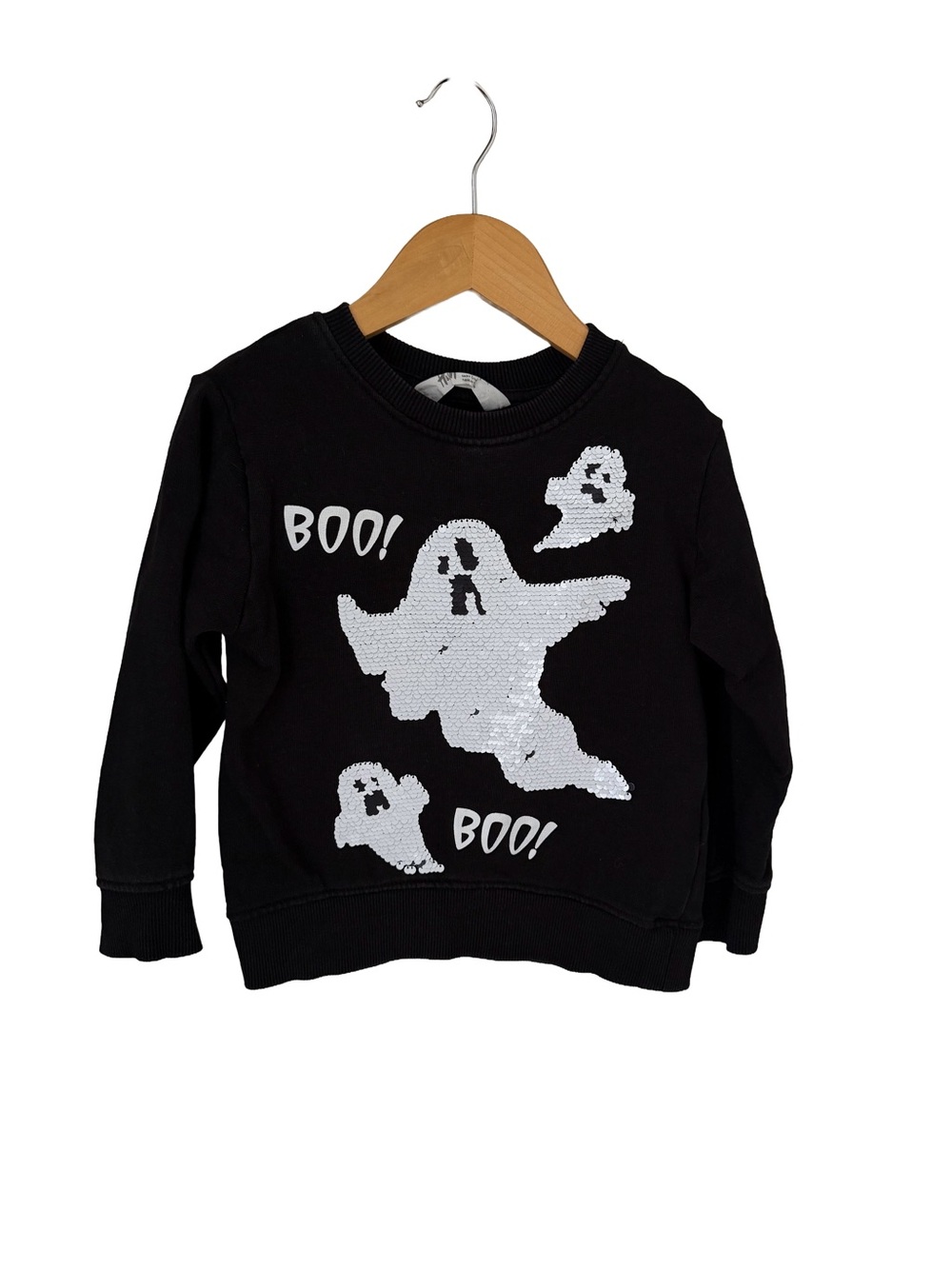H&M Black Sweatshirt with White Sequin Ghosts Halloween 3/4 years